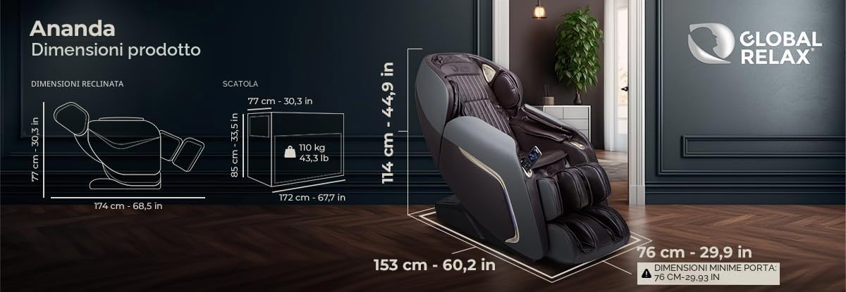 GLOBAL RELAX® | ANANDA Poltrona massaggiante 2D+ I Marrone | Massaggiatore con 12 programmi di massaggio I Pressoterapia | Dimmerabile | Suono 3D | Bluetooth | USB