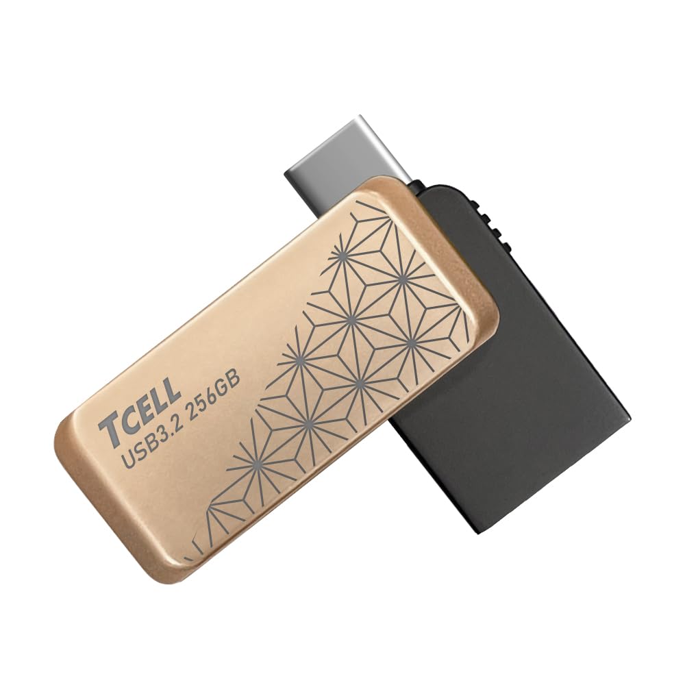 TCELL High Speed Dual Flash Drive with Zinc Alloy Design, Asanoha Gold 256GB USB 3.2 Type-C OTG 2-in-1 for PC/Laptop/Phone/Tablet/iMac/MacBook/Tesla Sentry Mode, Read Speed up to 200MB/s