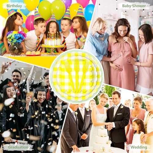 Image of 100 Pcs Yellow Gingham Paper Plates and Napkins Disposable Set for Party