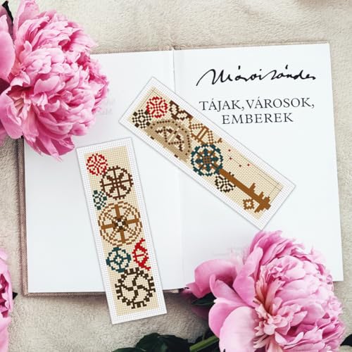 Image of INFUNLY 6Pcs Machine Element Cross Stitch Bookmark Kits for Adults DIY Vintage Gears Embroidery Bookmark Kits with Instruction Industrial Corners Counted Cross Stitch Kit for Book Lovers Readers Gifts