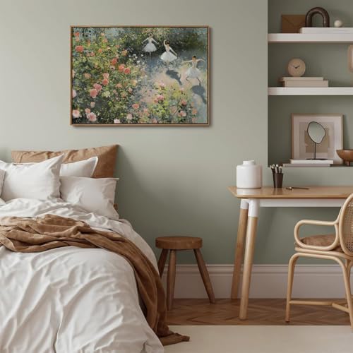 Image of KISSFOX Vintage Framed Wall Art Ballerinas Dancing in Rose Garden Canvas Art Prints Rustic Farmhouse Pictures Wall Decor Cottagecore Summer Aesthetic Paintings Artwork For Dorm Bedroom Apartment
