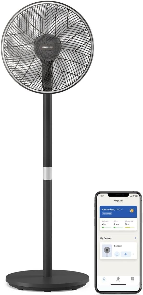 Philips Pedestal Fan 3000 Series - Fan Airflow 2562 m³/h, Ultra Quite, Tiltable & Oscillating, 40cm Head Diameter, Adjustable Height, Connected to Smart Phone, Black - CX3550/01
