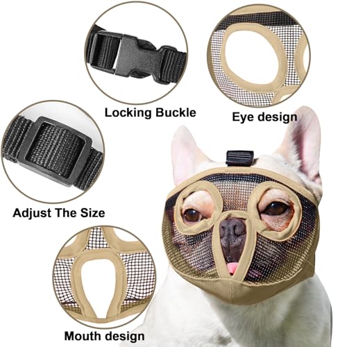 Image of Short Snout Dog Muzzles- Adjustable Breathable Mesh Bulldog Muzzle for Biting Chewing Licking Training Grooming Dog Mask (Khaki, X-Large / 18 inch-25 inch)