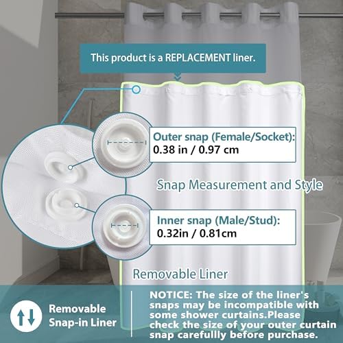 Snap in Shower Curtain Liner Replacement Shower Curtain Liner Removable Liner (1 Pack, 70" W x 54" H-White) - 2