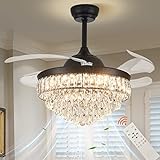CLAIRDAI 42''Dimmable Fandelier Crystal Chandelier Ceiling Fan Retractable Ceiling Fan with Lights and Remote 6 Speed, 3 Light Change Retractable Blade Chandelier Ceiling Fan for Bedroom