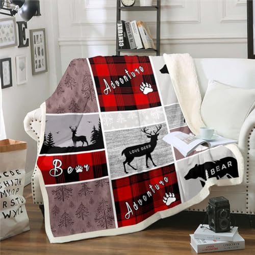 Image of Rustic Plaid Patchwork Throw Blanket Baby Size,Hunting Bear Deer Fleece Blanket Country Farmhouse Vintage Sherpa Blanket Woodland Animal Grid Claw Fuzzy Blanket Adventure Camping Bedroom Decor,Red