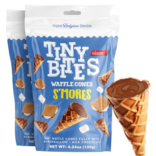 BEEMAX Tiny Bites S'mores Mini Waffle Cones, Crispy Filled with Belgian Milk Chocolate & Marshmallow Flavor, Smores Snacks for Parties, Lunchboxes, Dessert Boards, 4.24 oz Bag, 2-Pack