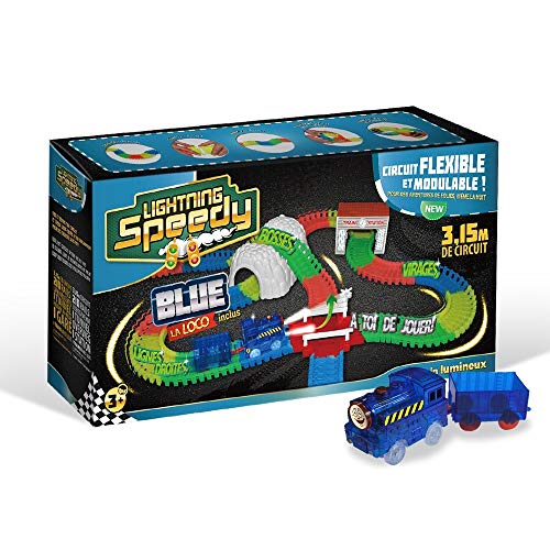 LIGHTNING SPEEDY Blue la Loco, Train Lumineux avec Rails Flexibles, modulables et Plein d'accessoires - Bleu