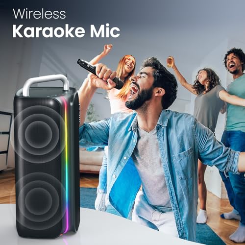 Image of Portronics Nebula X 150W Party Speaker with Wireless Karaoke Mic, 6 Hours Playtime, Bass Boost Technology, TWS Mode, RGB LED Lights, BT V5.3, USB /AUX in, Sturdy Metal Handles, Type C Charging(Black)
