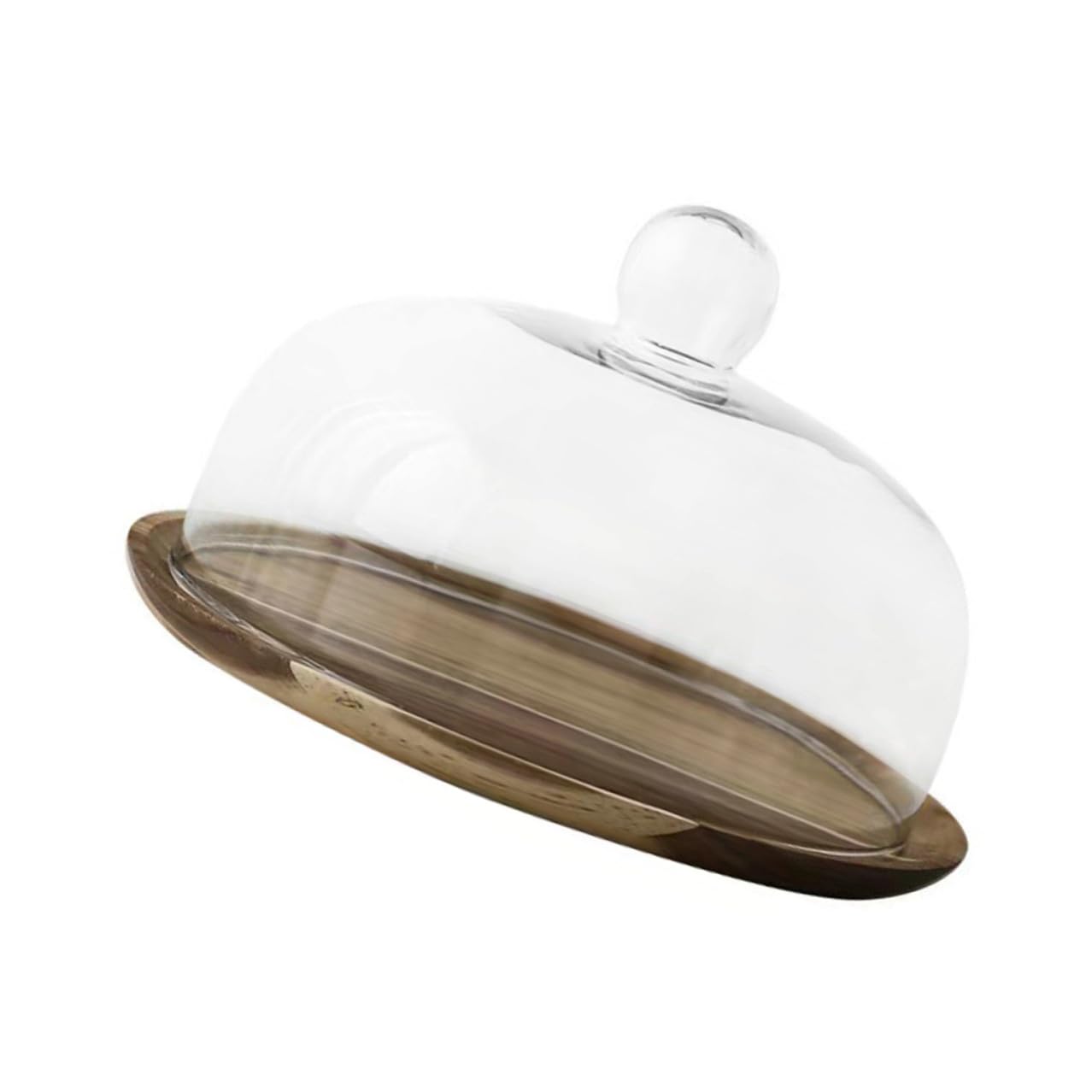 VANZACK Cloche à Dessert Plateau en Bois d'Acacia 25 CM Plateau de Service à Gâteau Couvercle en Verre Transparent Présentoir à Gâteaux pour Mariage et Buffet