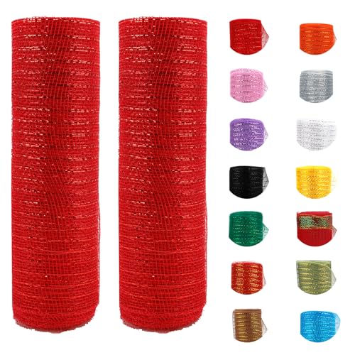 2 Rolls Red Mesh Ribbon, Christmas Deco Mesh 10 Inch x 30 Feet Each Roll, Metallic Red with Foil Ribbon for Christmas Tree Decorations Halloween Party Decor Crafts Wreaths