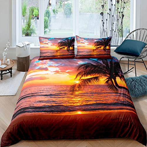 Erosebridal Palm Trees Duvet Cover King Size Ocean Beach Comforter Cover Sunset Hawaii Tropical Leaves Sea Wave Coastal Bedding Set Mediterranean Scenery Quilt Cover 3Pcs with 2 Pillowcases