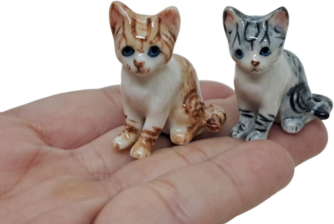 WitnyStore Tiny 1¼" White Brown Tabby Shorthair Cat Sitting Look Left Figurine - Miniature Hand Made Painted Ceramic Cats Kitten Feline Animal Cute Porcelain Decorative Collectible Figures Décor Gifts image 3