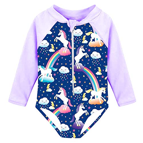 uideazone Girls One Piece Long Sleeve Swimsuit Rashguard UPF 50+ Sun Protection Swimwear Unicorn Zipper Bathingsuit for Baby Girls