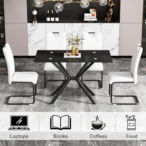Modern 47 Inch Glass Dining Table for 4-6, Black Tempered Glass Kitchen Table with Rectangular Tempered Glass Top & Metal Legs, Large Dinner Table for Dining Room, Kitchen, Living Room - Image 5