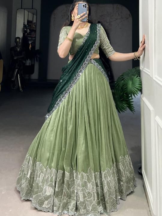 Image of Suppar Sleave Women's Embroidered Vichitra Silk Lehenga Choli Dupatta Set Semi-Stitched Blouse and Fit & Flare Style