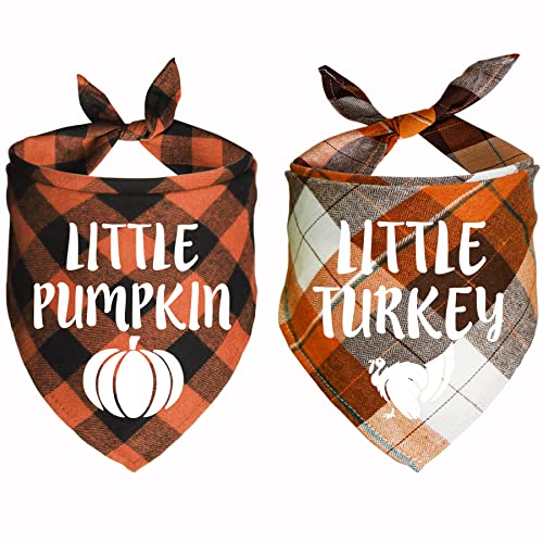 JOTFA 2 Pack Halloween Thanksgiving Day Dog Bandanas, Holiday Fall Plaid Dog Puppy Bandana Scarf Little Pumpkin Little Turkey for Small Medium Large Dogs Pets