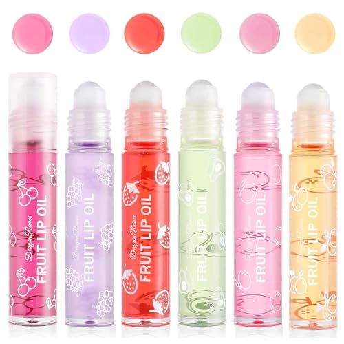 Pakivs 6PCS Roll-On Lip Oil Set Fruit Flavored Lip Gloss Set Long Lasting Moisturizing Lip Balm Transparent Lip Gloss Glossy Lip Make-up Best Gift