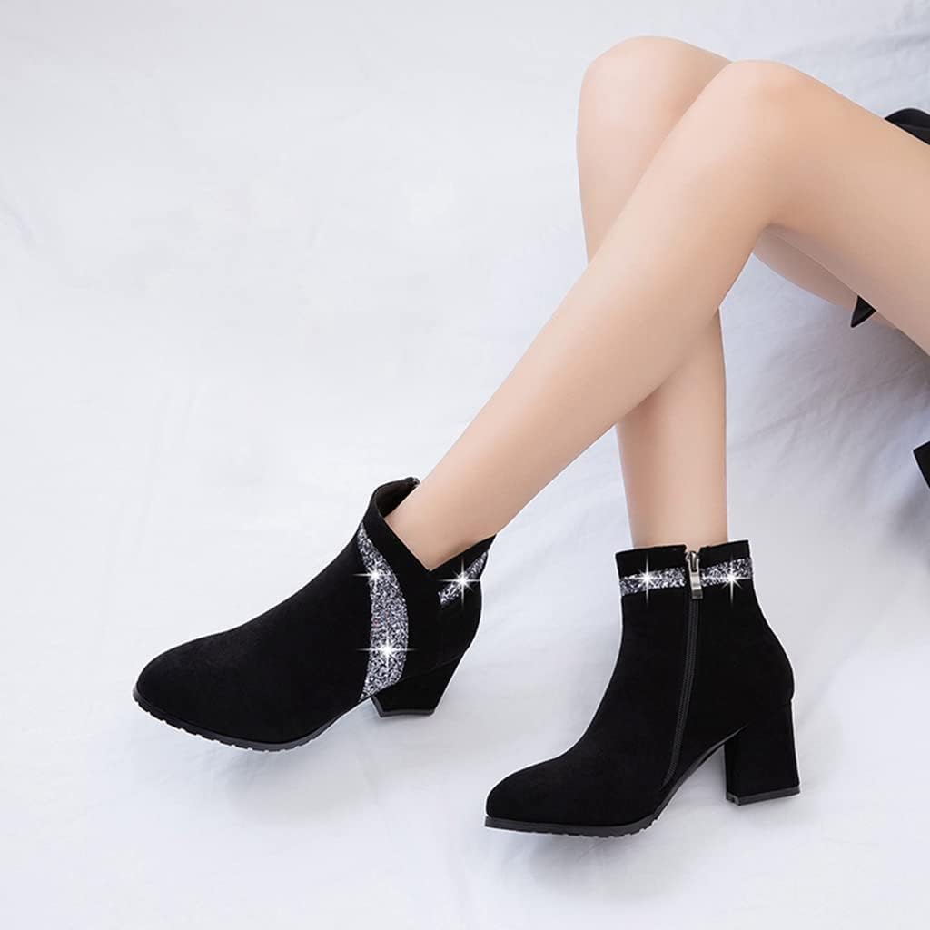 Women's Fashion Glitter Dressy Ankle Boots Round Toe Side Zipper Chunky High Heel Dress Short Booties - Image 8
