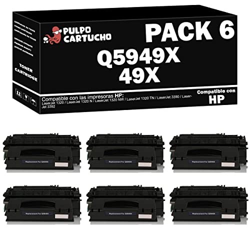 Pulpo Cartucho   Toner Q5949X Negro Compatible con HP Q5949X / Ref. 49X   Pack 6   Valido para Impresoras Laserjet 1320/1320 N / 1320 NW / 1320 TN / 3390/3392