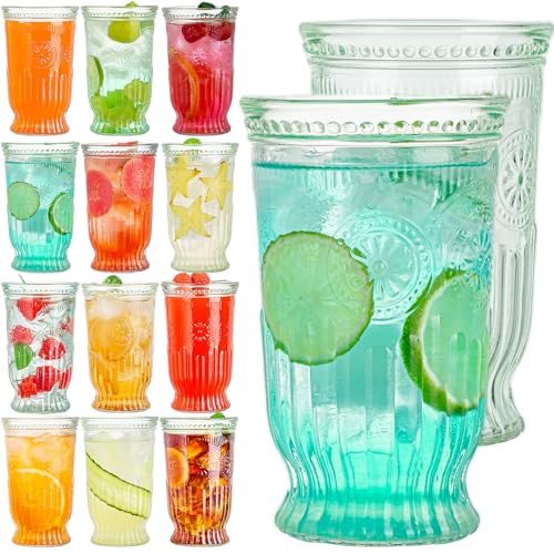 wookgreat Vintage Drinking Glasses, 12 pcs Embossed Designed Highball Glasses, 16oz Glass Cups, Tall Water Glass Tumbler, Mojito Cup, Cocktail Glass, Vintage Glassware Set for Juice, Cocktail, Whiskey