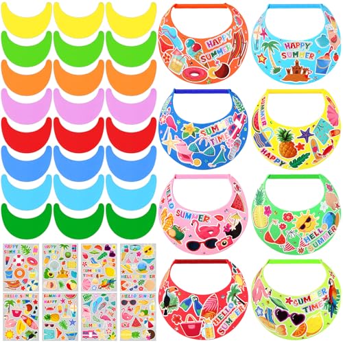 ShinyMatch 48 Set Foam Visors Crafts for Kids DIY Foam Summer Visors with Stickers Include Assorted Color Sun Hats Rhinestone Sticker Markers Hawaii Stickers for Hawaiian Party Supplies Sea Outdoor