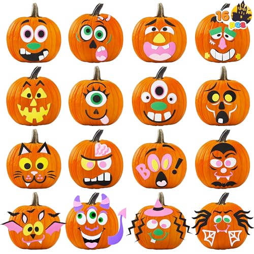 Image of JOYIN 16 Packs Halloween Pumpkin Decorating Stickers Foam Craft Kit, Halloween Party Favors for Kids, Party Supplies Arts Activities, Jack O Lantern Face Sticker School Games Gifts
