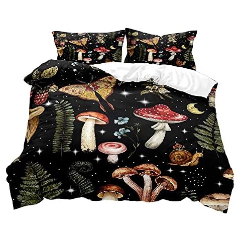 LUVIVIHOME 2PCS Trippy Mushroom Bedding, Twin Duvet Cover, Butterfly Moth Snail Moon Starry Sky Galaxy Fungus Plant Botanical Flower Boho Aesthetic Black Comforter Bedspread Quilt Cover, 1 Pillow Sham Cover