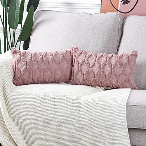 Madizz Set Of 2 Soft Plush Short Wool Velvet Decorative Throw Pillow Covers 12X20 Inch Pink Rectangular Luxury Style Cushion Case Pillow Shell For Sofa Bedroom #TOP1