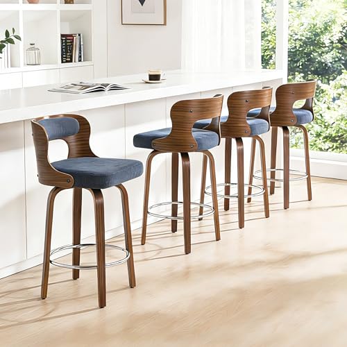 Image of Swivel Bar Stools Set of 4, 26 inch Counter Height Bar Stools, Mid-Century Modern PU Leather Modern Island Chairs with Back and Footrest, for Kitchen, Bar, Restaurant, Cafe, Blue-Gray