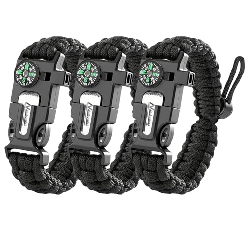 NVioAsport Paracord Survival Bracelet (3 Pack) - Adjustable with Fire Starter, Whistle, Compass - Survival Gear for Hiking, Camping, Fishing, Gifts for Men Dad Husband