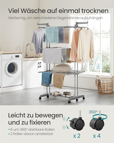 SONGMICS Wäscheständer, Standtrockner 4 Ebenen, Flügelwäscheständer, klappbare Flügel, mit Rollen, 63,5 x 125,5 x 173 cm, groß, einfacher Aufbau, Taubengrau LLR703G01