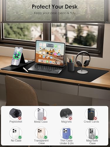 Image of Wireless Charging Mouse Pad with Foldable Phone Holder, 15W Magnetic Fast Charging for iPhone Samsung, 31.5 inchx15.75 inch Large Desk Mat for Laptop /Keyboard, Waterproof Gaming Mousepad with Non-Slip Base
