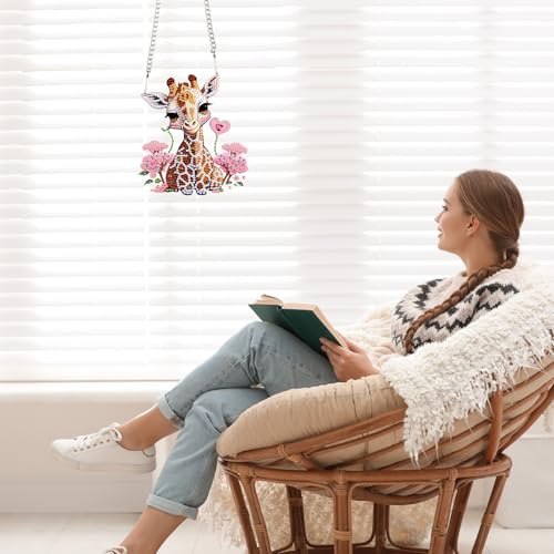 Image of Giraffe Diamond Painting Hanging Pendant Kit for Adults, DIY Acrylic Special Shaped Rhinestone Diamond Art Sun Catcher, Window Wall Door Decor for Home or Garden, Valentine's Day Birthday Gift