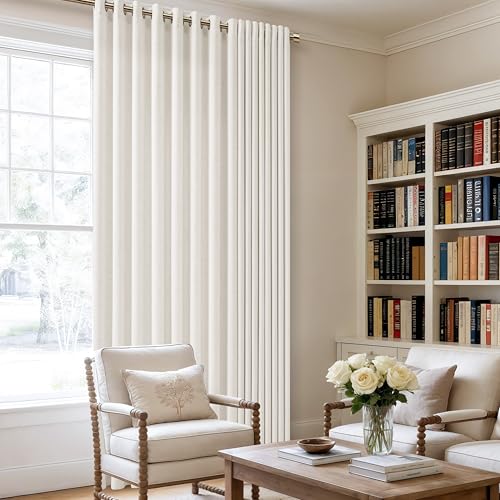 Image of Linen Curtains 100 Inch Wide 96 Inch Length Beige White 1 Panel | Room Divider, Semi Sheer, Patio Sliding Door, Large Window Curtains, Grommet, Privacy, Farmhouse, for Living Room, 100x96
