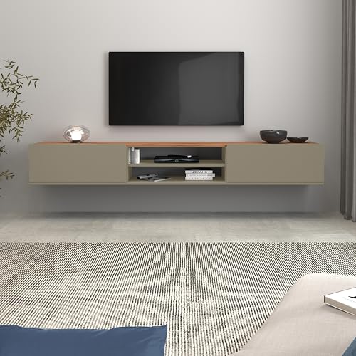 WHOUS Meuble TV Garda pour Salon avec 2 Portes à abattant et 1 Etagère Centrale, Meuble Télé pour Séjour, Dimensions de 210 x 35 x 30 cm, Bicolore Taupe...