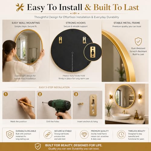 Image of The Arts Box 24 Inch Gold Round Mirror for Bathroom, Entryway & Vanity - Modern Wall Mounted Circle Mirror with Brushed Brass Metal Frame for Living Room, Bedroom, Wash Basin & Home Decor