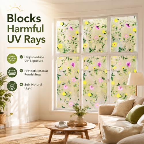 Image of Self Adhesive Window Privacy Film for Glass Windows & Doors | UV Blocking, Heat & Glare Reduction | Decorative Frosted Glass Film Easy to Apply (Frosted White with Yellow, 24X110 Inch)