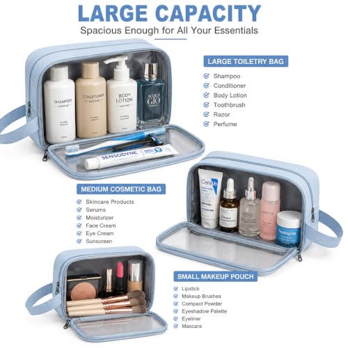 Image of MELVIS Waterproof Travel Toiletry Bag for Women | 3-Piece Pink Faux Leather Makeup & Toiletry Organizer Set with Clear Window | Cosmetic Wash Bag Pouch for Travel Accessories & Brushes (Blue)