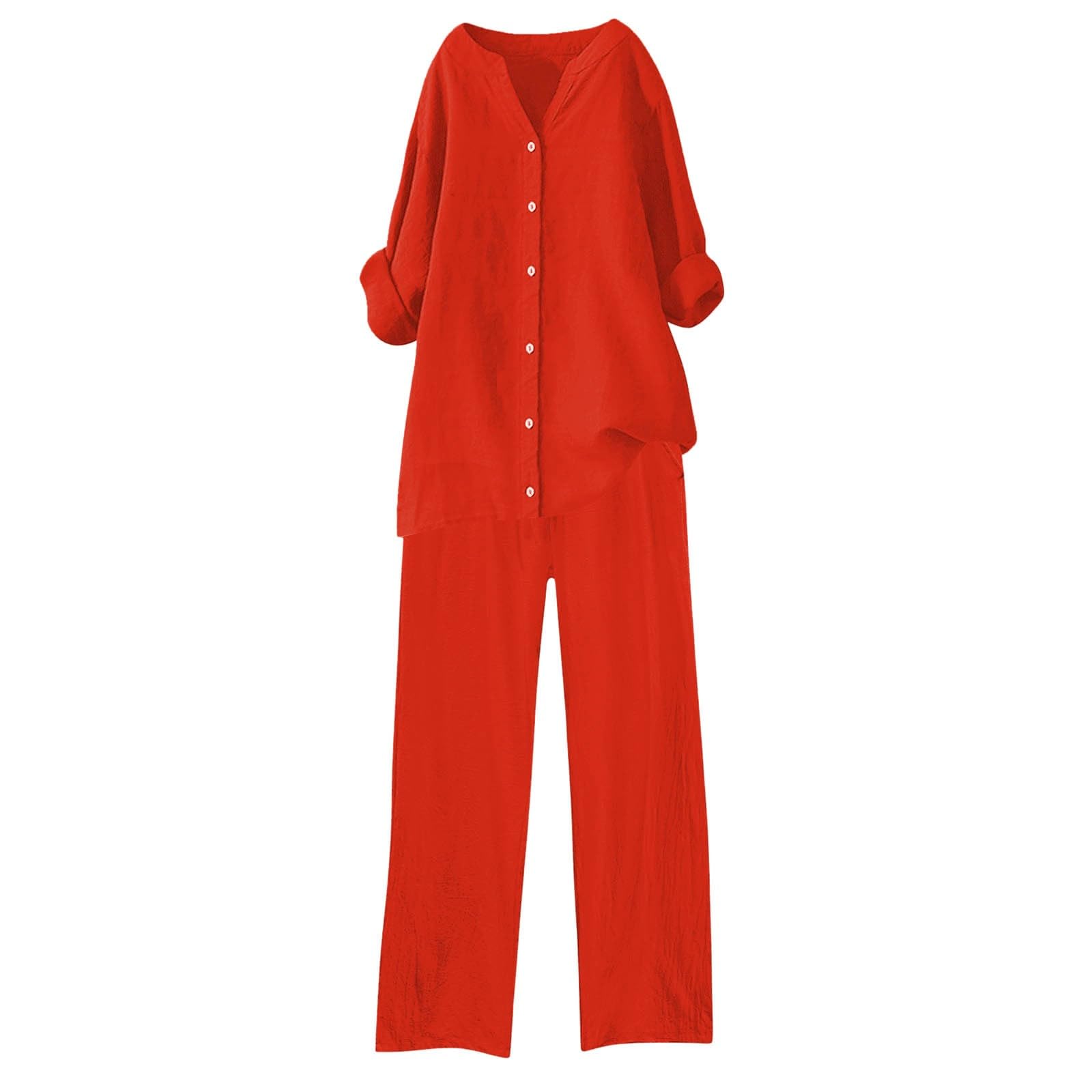 Abito Estivo Donna Lino Completo Casual Cotone Tuta Lino Tute da Ginnastica Taglie Forti Elegante Larghi Camicia + Pantaloni Palestra Curvy Set Due Pezzi Comodo Primavera Maniche 3/4 Set Spiaggia