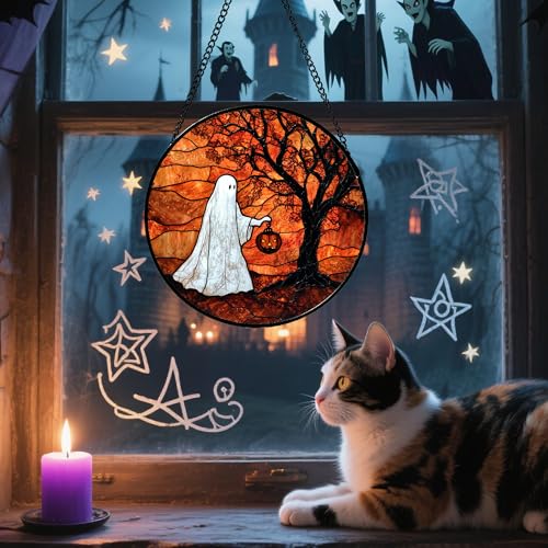 Image of Stained Glass Window Hanging - Halloween Ghost Holding A Pumpkin Lantern Suncatcher for Door Garden Spooky Tree Sun Catchers Gothic Decorations Horror Gifts for Women Men Friend 9.8 in