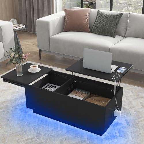 HOMMPA Lift Top LED Coffee Table with Power Outlet Black Coffee Table for Living Room with Storage Hidden Compartment Modern Center Table High Gloss Lift Tabletop