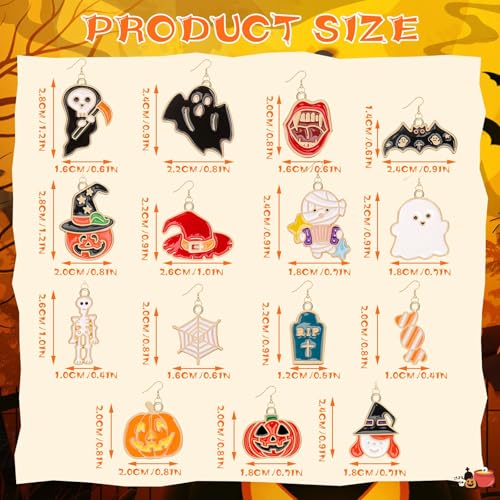 16 Pairs Halloween Enamel Earrings for Women Teen Girls Pumpkin Spider Bat Black Cat Ghost Boo Witch Hat Candy Spooky Earrings Halloween Earring Set for Holiday Decoration2