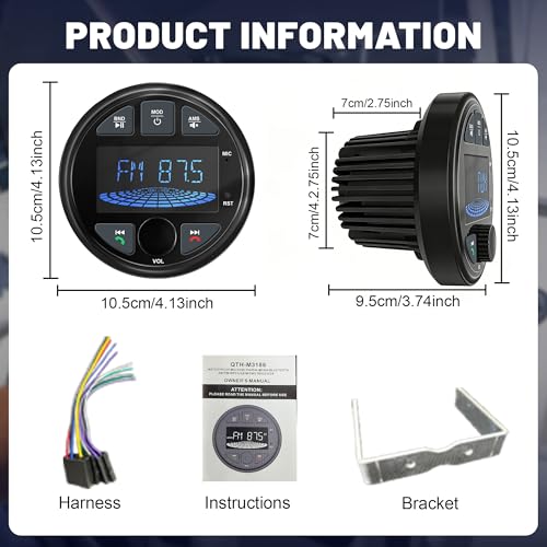 Image of 3 Inch Marine Radio Bluetooth Stereo Audio Waterproof Boat Radio FM AM USB | LEXXSON LCD Display Golf Cart Marine Stereo Receivers Audio Systems for RV UTV Yacht AUX Subwoofer Black