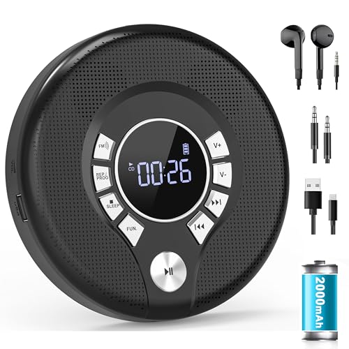 Greadio NEU 2025 CD Player Tragbar mit Kopfhörer, Discman CD Player mit Anti-Skip/Stoßfest und 2000mAh Wiederaufladbarer, Kompatibler FM-Sender, USB, AUX-Ausgang, HiFi-Doppellautsprecher für Auto