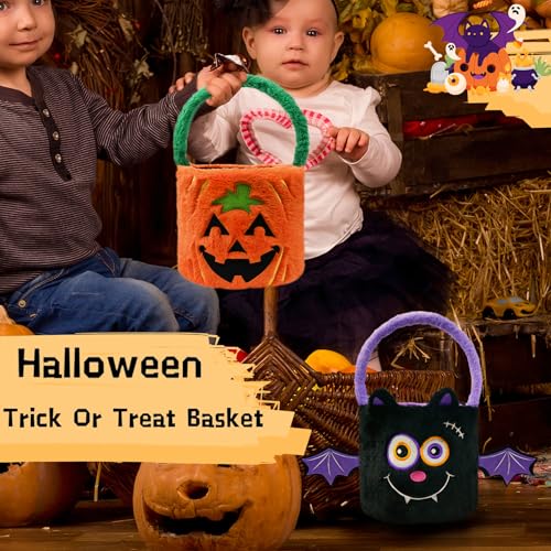 Image of Dia 7.9 inch * H 15.7 inch, Plush Halloween Baskets Trick or Treat Bags Halloween Candy Bucket, Gift Bucket for Party Favor Supplies (2Pcs-Pumpkin&Black Bat)