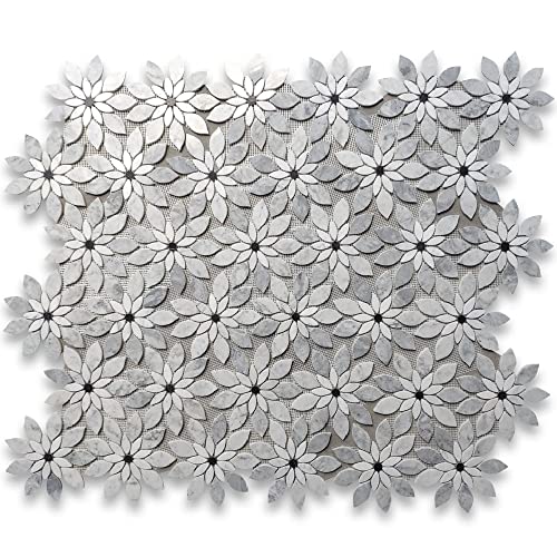 Stone Center Online Carrara White Marble Wildflower Rain Flower Waterjet Mosaic Tile W/Bardiglio Gray & Nero Marquina Black Polished Kitchen Bath Wall Floor Backsplash Shower (1 Sheet) #TOP1