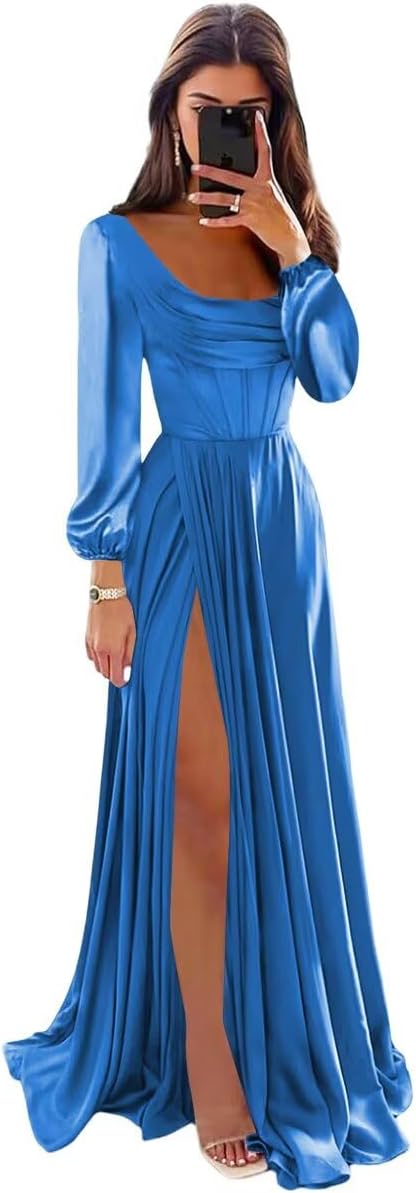 Long Sleeve Satin Bridesmaid Dresses with Slit for Women Square Neck Prom Dress with Pockets