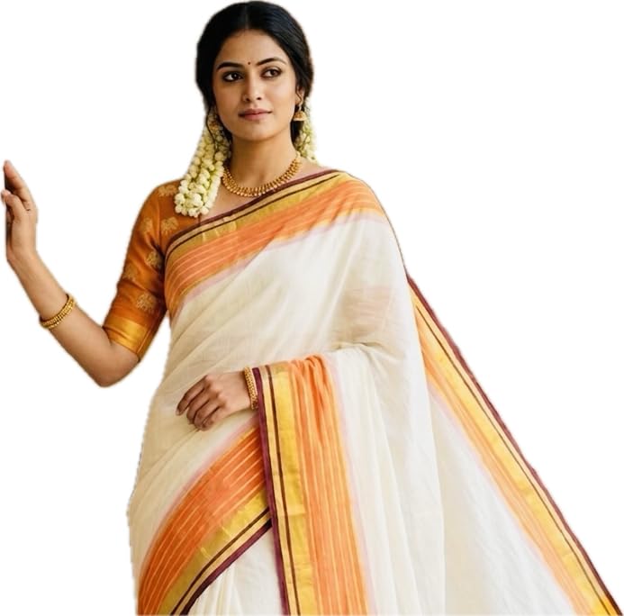 Image of Women's Mul Cotton Saree with Tassels | Soft Mulmul Saree | Woven Stripes & Zari Line | 5.5 Metres - Without Blouse