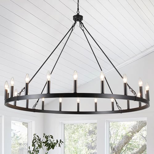 SJCCDSGS 47.2 inches Black Wagon Wheel Chandelier- 20 Light Large Farmhouse Chandelier Industrial Rustic Dining Room Light Fixture Round High Ceiling Pendant Light for Living Room Entryway Foyer